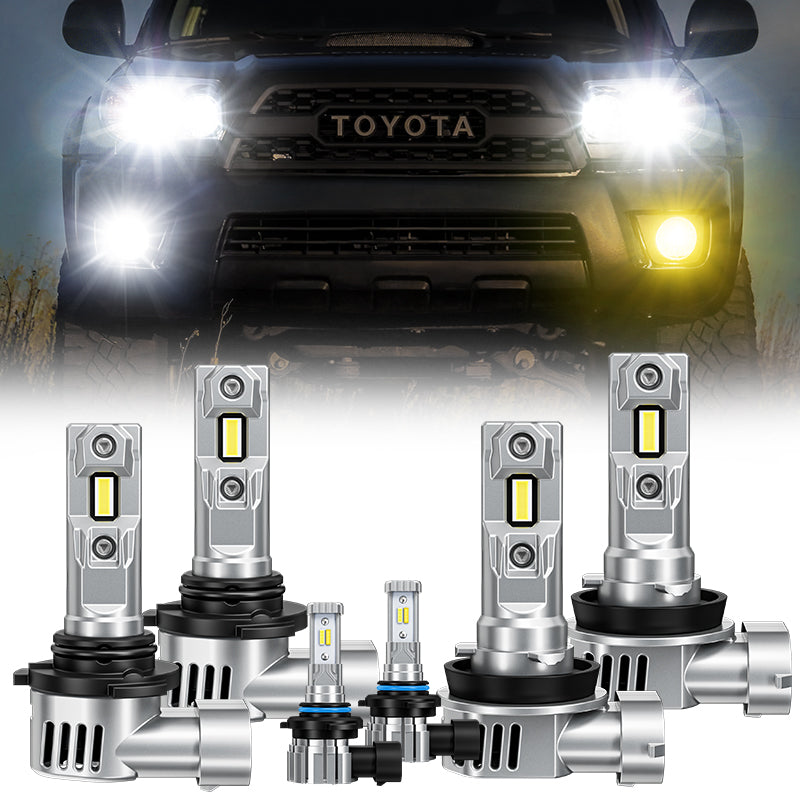 Toyota 4Runner 9005 LED headlight and fog light bulbs combo installed on vehicle, showcasing bright white and yellow beam for enhanced visibility.