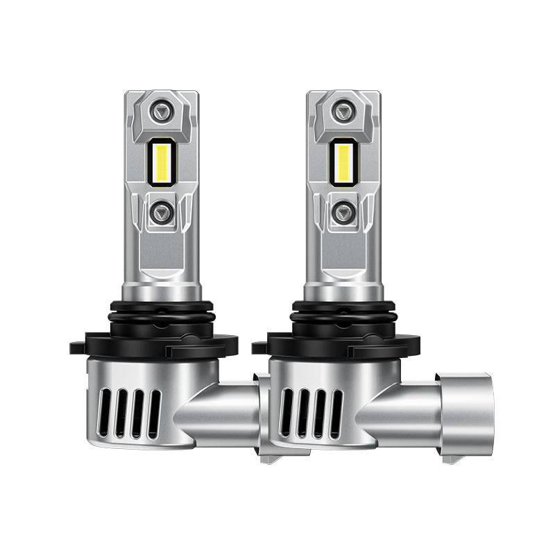 Close-up of two 9005 LED headlight bulbs with dual-beam chips and heat dissipation fins, designed for 2006-2009 Toyota 4Runner upgrade.