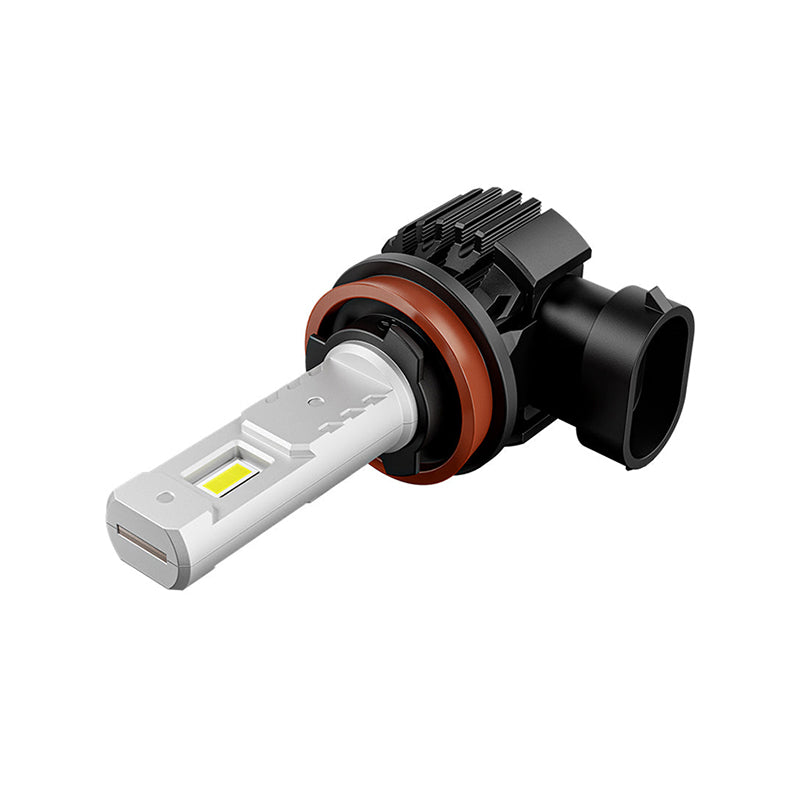 Close-up of H11 LED fog light bulb with dual-beam chip and heat sink design for Toyota Tundra 2014-2021. Durable and easy to install.