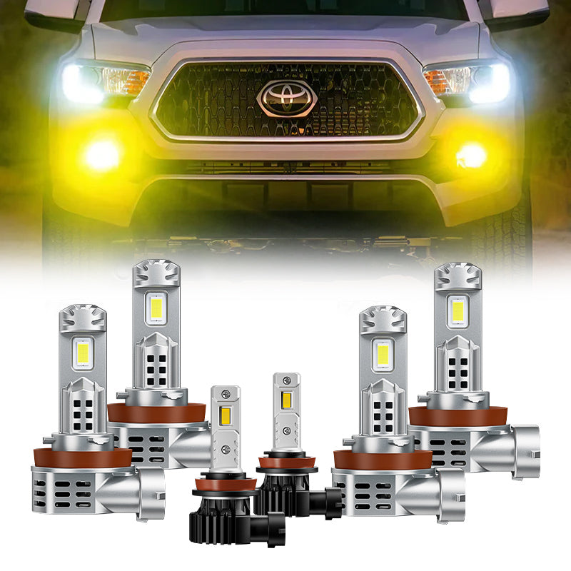 H8 H11 LED Headlight & Fog Light Bulbs installed on 2016–Later Toyota Tacoma with bright yellow beam output, showcasing enhanced visibility.
