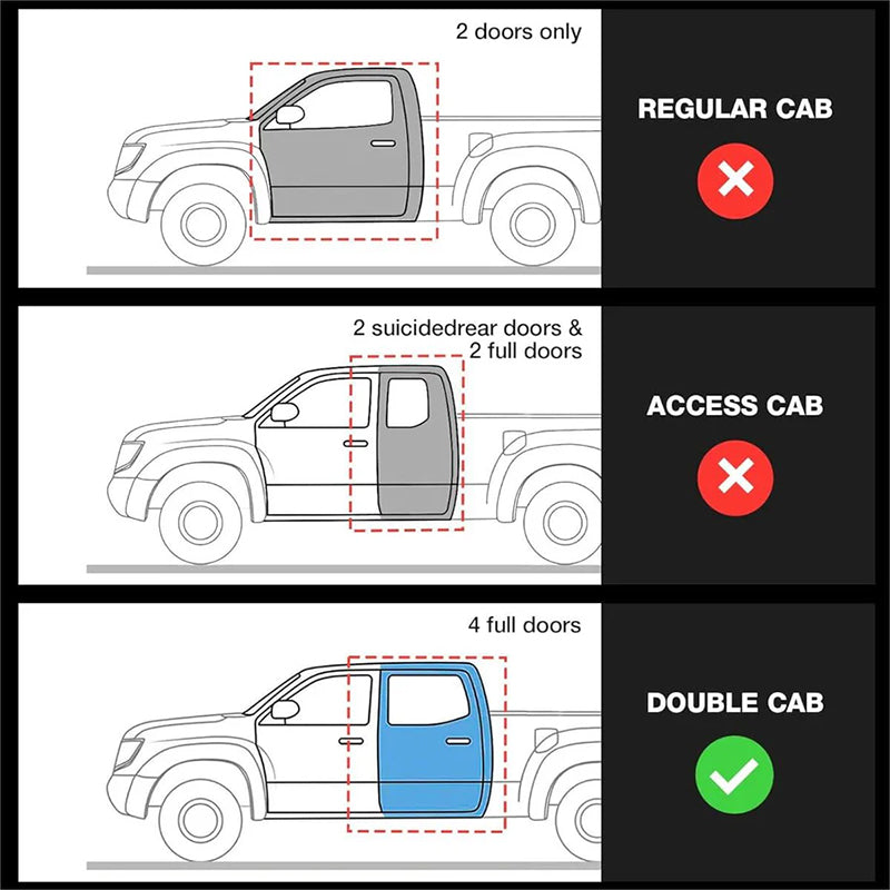 Illustration showing compatibility of Toyota Tacoma double cab with 4 full doors for vehicle interior fittings