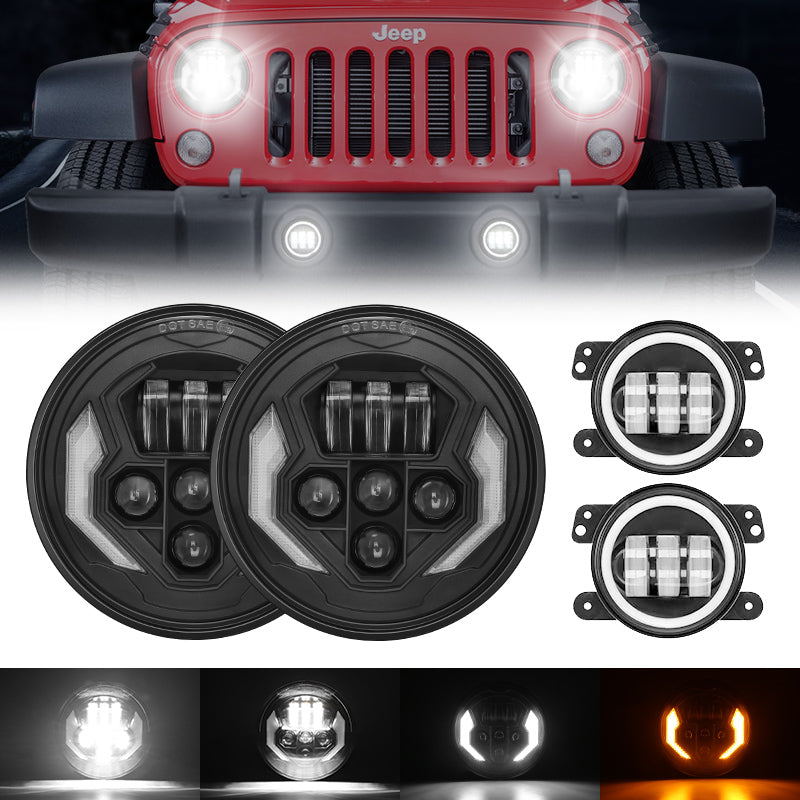 Lightning Style 7 inch LED Headlights with Turn Signals & Halo Fog Lights Combo for Jeep Wrangler JK