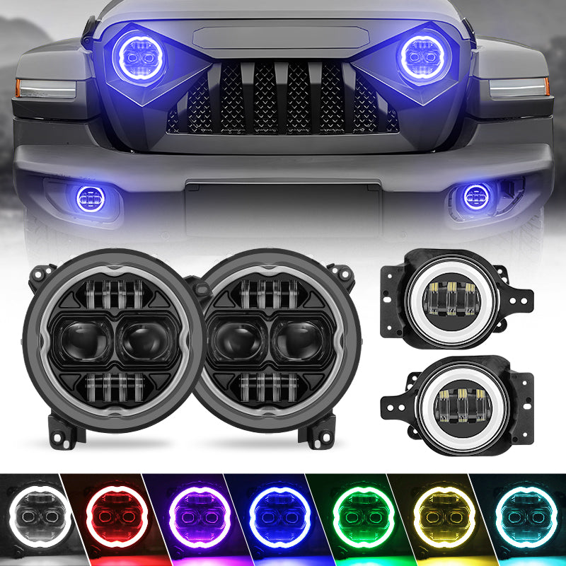 All-in-one 9" LED RGBW Headlights & RGBW Fog Lights for 2018+ Jeep JL and JT