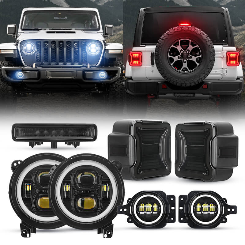 JL Mega Bundle - Faros delanteros LED Halo de 9 pulgadas con señales de giro, antiniebla, luces traseras, luces de freno para Jeep Wrangler JL