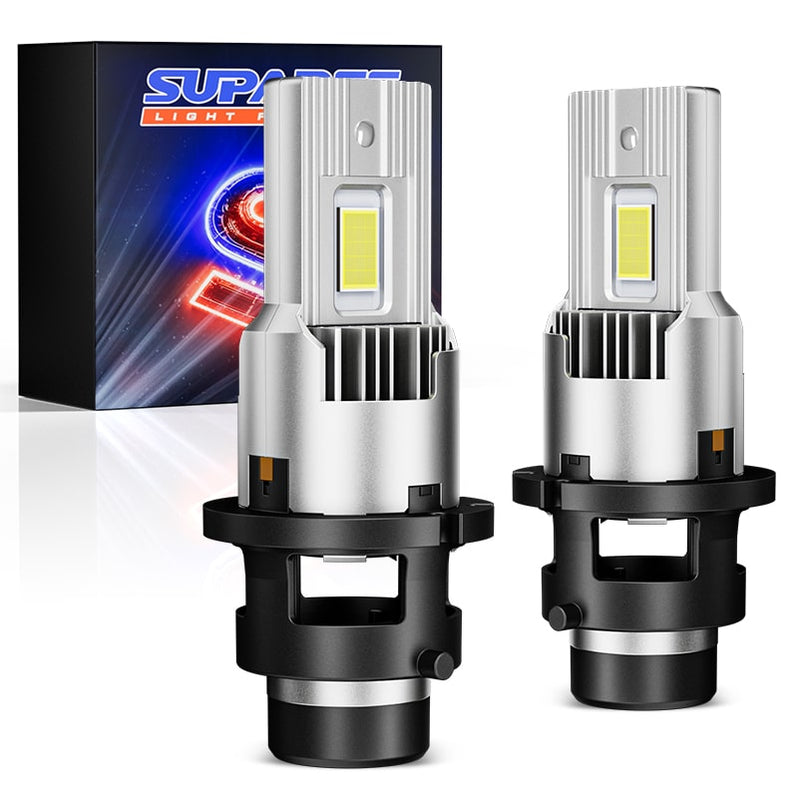 SUPAREE D4S D4R LED Bulbs 35W 6500K White for Headlights shown with dual bulb design and cooling fins, ideal for high-performance vehicle lighting.