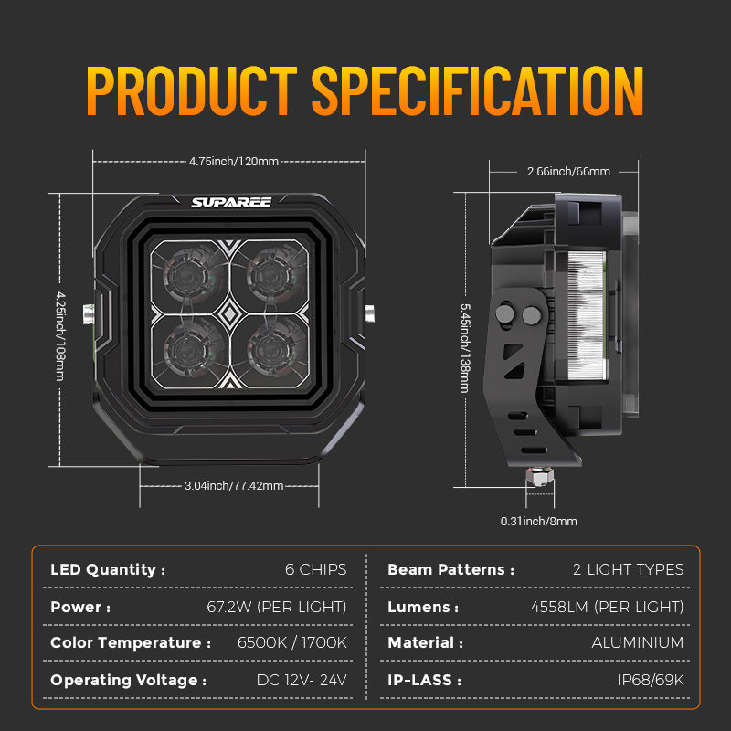 5-Inch White + Amber Dual-Mode A-Pillar Ditch LED Off Road Lights for Jeep Wrangler JK