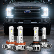 Fit For 2020-2025 Ford F250 LED Headlight Bulbs Plug N Play shown installed on a Ford F250 with bright white beam output, includes H11 and 9005 bulbs.