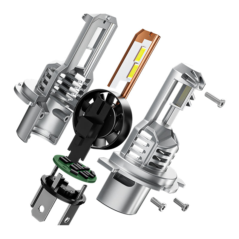 Exploded view of H4 9003 LED Projector Headlight Bulbs showing internal components including fan, LED chips, and heat sink design.