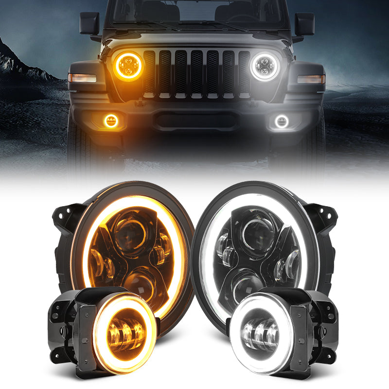 Jeep Halo Headlights & Fog Lights with DRL for 2018-Later Jeep Wrangler