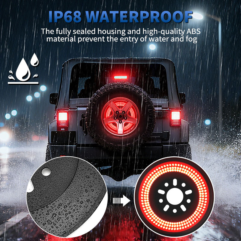 Full view of Jeep Wrangler JK spare tire LED light with brake and reverse function
