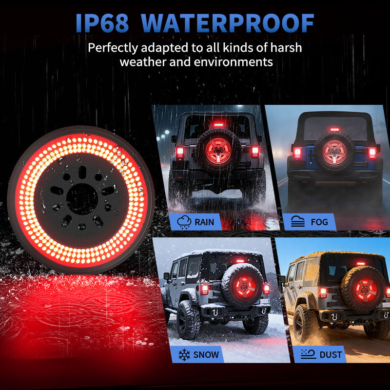 Full view of Jeep Wrangler JK spare tire LED light with brake and reverse function