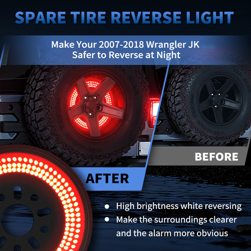 Full view of Jeep Wrangler JK spare tire LED light with brake and reverse function