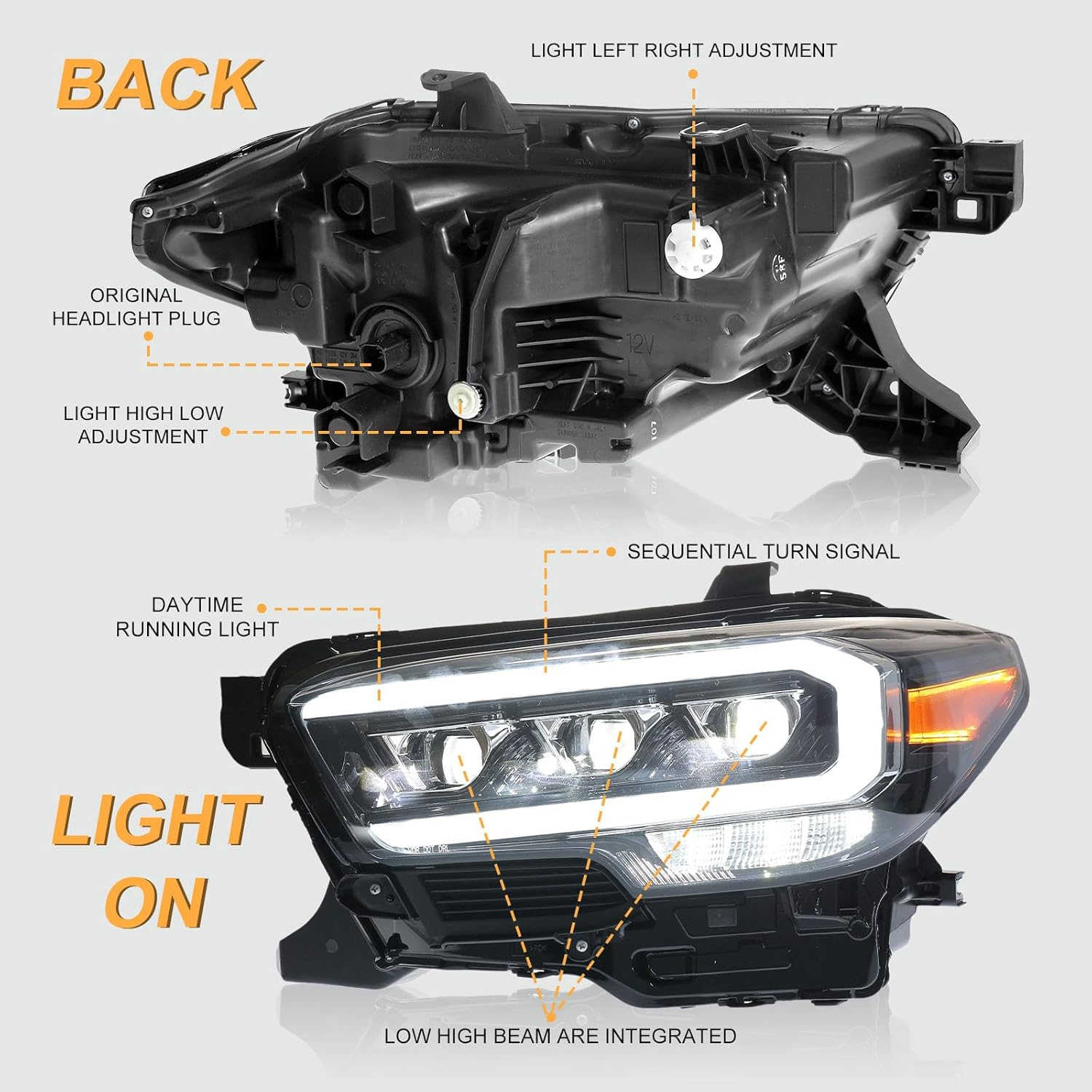 A closer look at the front and back of the 2016-2023 Toyota Tacoma LED projector headlights
