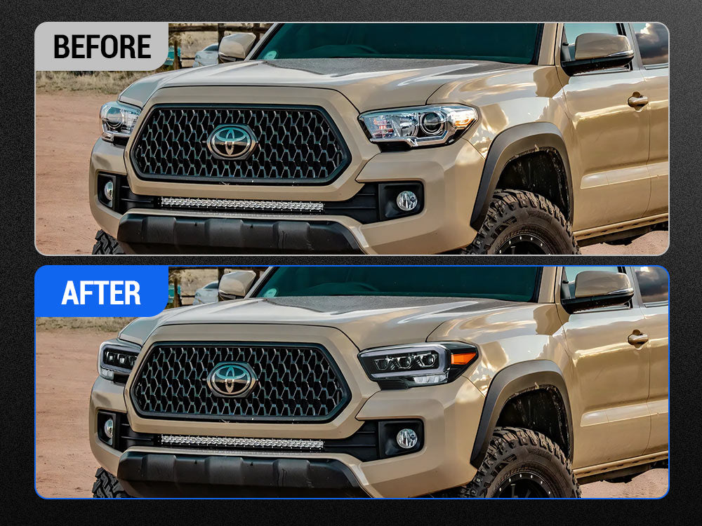 Before and after installing on 2016-2023 Toyota Tacoma LED projector headlights