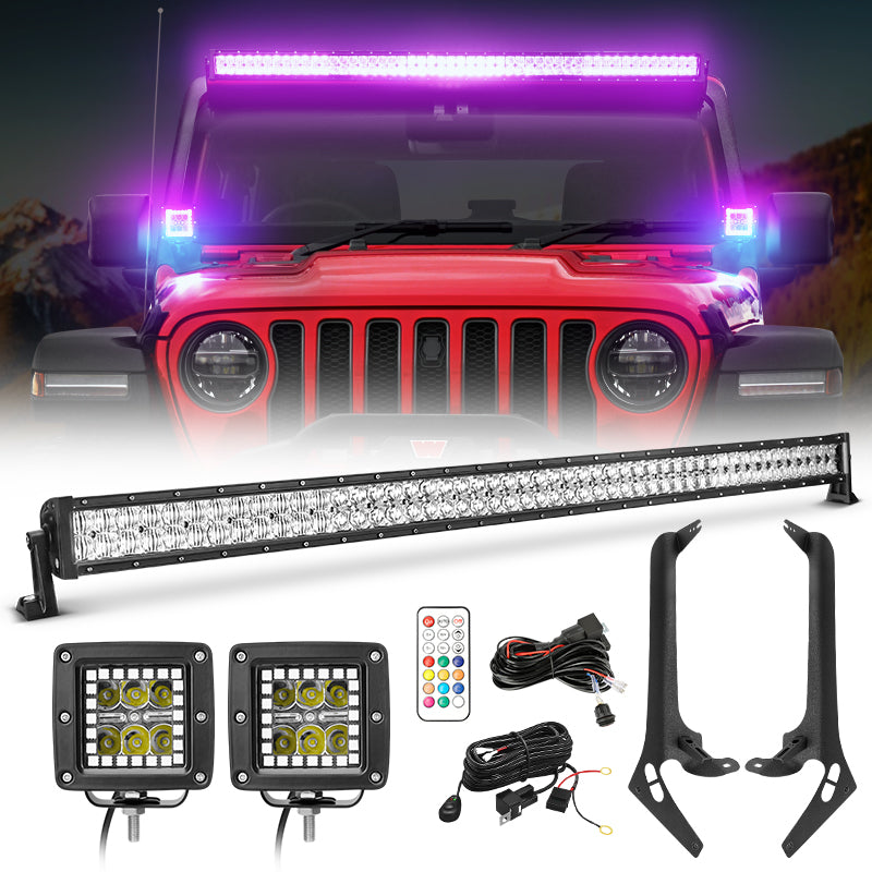 Jeep Wrangler JL 52 Inch RGBW LED Light Bar + 2 Work Lights kit