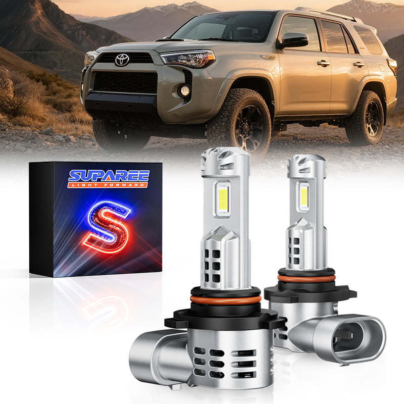 Pair of 9005 H11 LED headlight bulbs with Suparee packaging and Toyota 4Runner in background for 2010-2020 models.