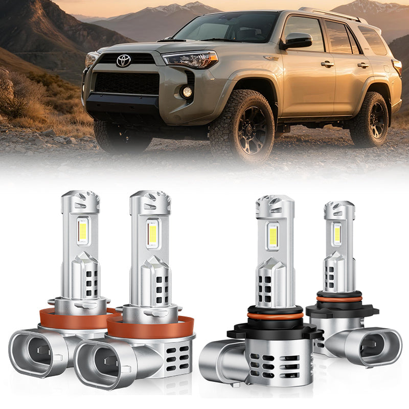 Full set of 9005 H11 LED headlight and fog light bulbs displayed with Toyota 4Runner in off-road background.