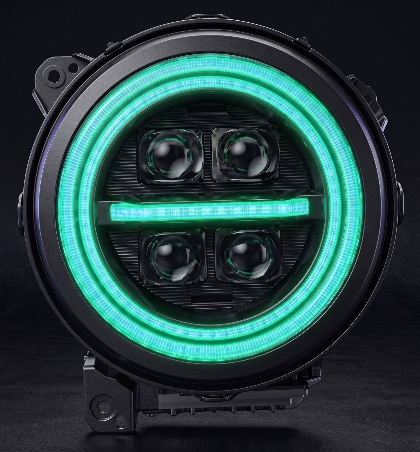 jeep-wrangler-custom-led-headlights-with-glowing-rgb-halo-ring-and-four-visible-projector-lenses-in-a-dark-garage