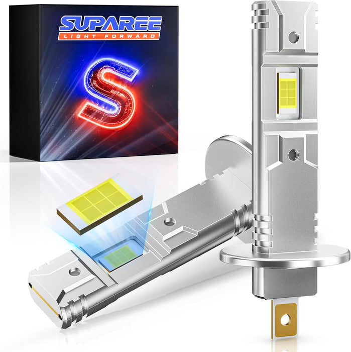 SUPAREE H1 LED Headlight Bulbs 80W 20000LM Halogen Replacement with dual LED chips and silver heat sink design. Ideal for 500% brighter car lighting upgrade.