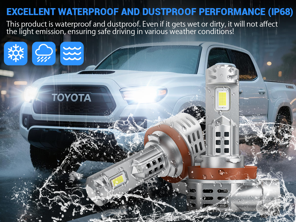 H11 LED headlight bulb shown in wet road conditions demonstrating IP68 waterproof rating