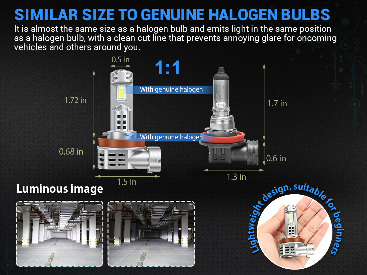 H11 LED headlight bulb compared with halogen size and handheld for easy installation