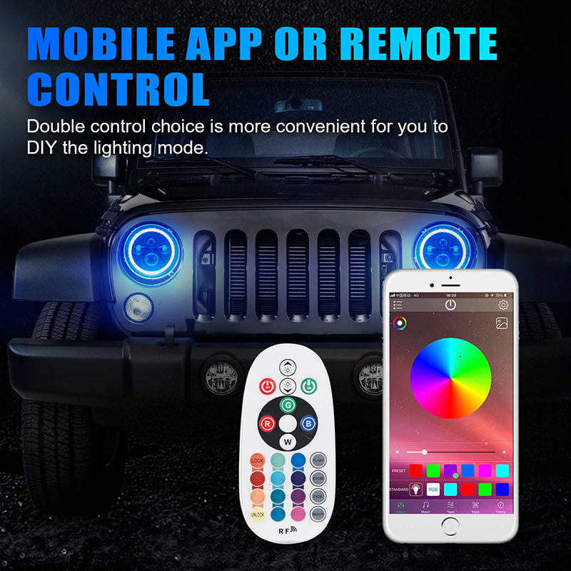 Wrangler LED Headlights with RGB Halo App Or Remote Control
