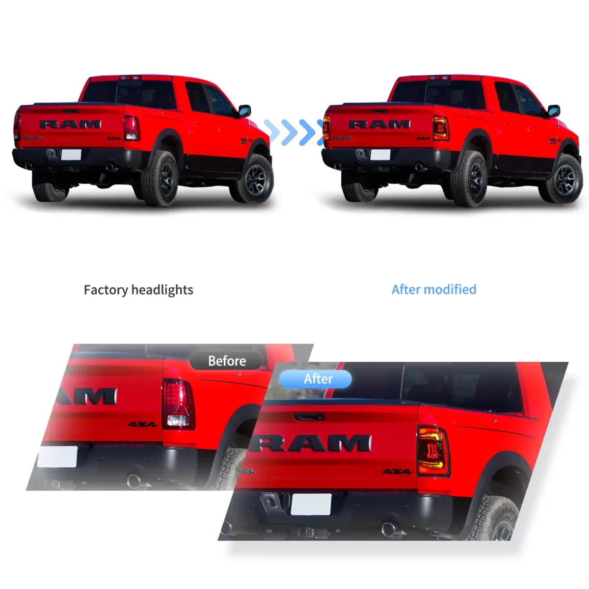 Before-and-after rear styling comparison of factory and LED tail lights on a red Ram truck
