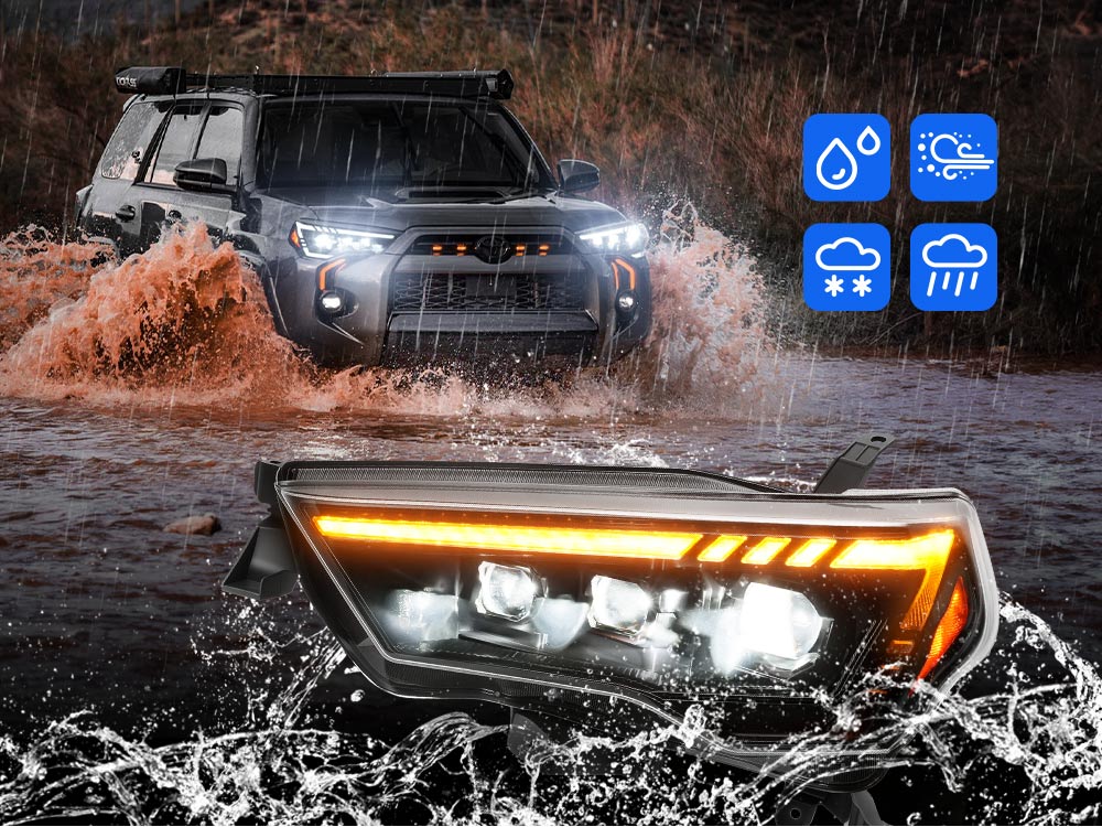 IP68 waterproof and durable LED headlights for 2014-2024 Toyota 4Runner with heavy-duty housing.