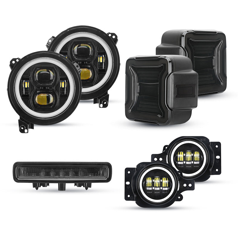 JL Mega Bundle - 9 Inch LED Halo Headlights with Turn Signals, Fogs, Tail Lights, Brake Lights For Jeep Wrangler JL