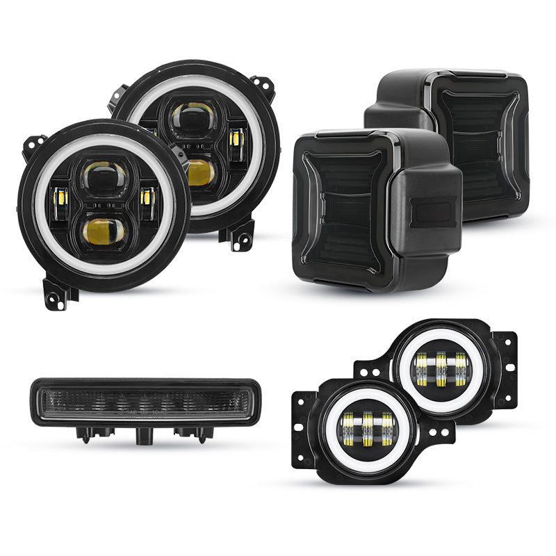 JL Mega Bundle - 9 Inch LED RGB Halo Headlights, RGB Fogs, Tail Lights, Brake Lights For Jeep Wrangler JL