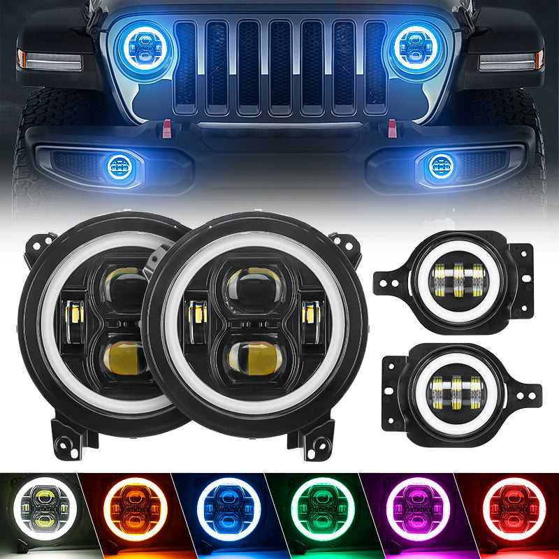 Multi-function 9" LED RGBW Headlights & RGBW Fog Lights for 2018+ Jeep JL and JT