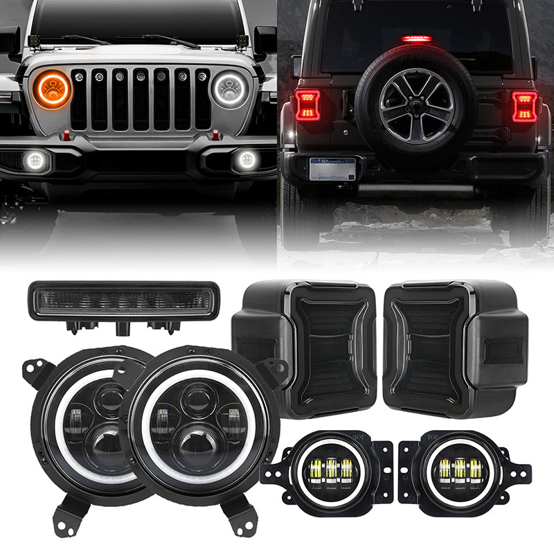 Mega Bundle - LED Halo Headlights, Brackets, Fog, Taillights, Brake Lights For Jeep JL