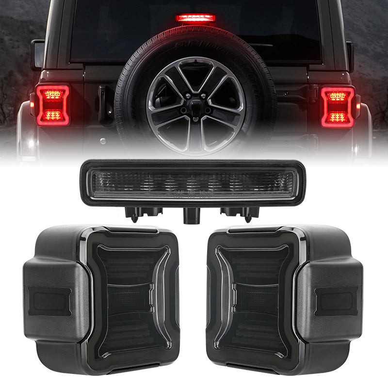 Smoked LED Tail Lights & Smoked LED 3rd Brake Light Compatible For 2018+ Jeep Wrangler JL