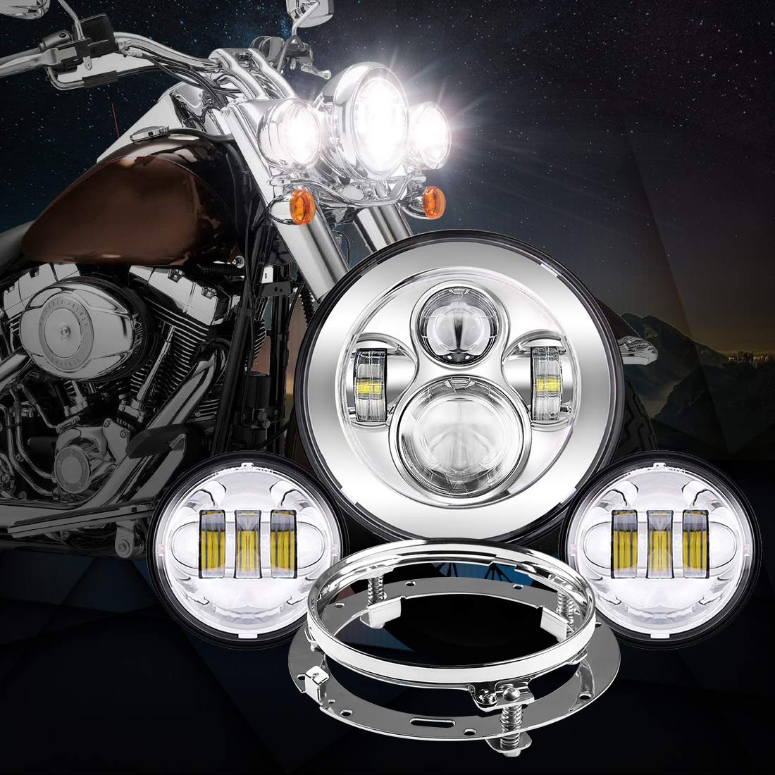 7" LED Headlight + 4.5" Fog Passing Lights with Bracket Ring - LED Factory Mart