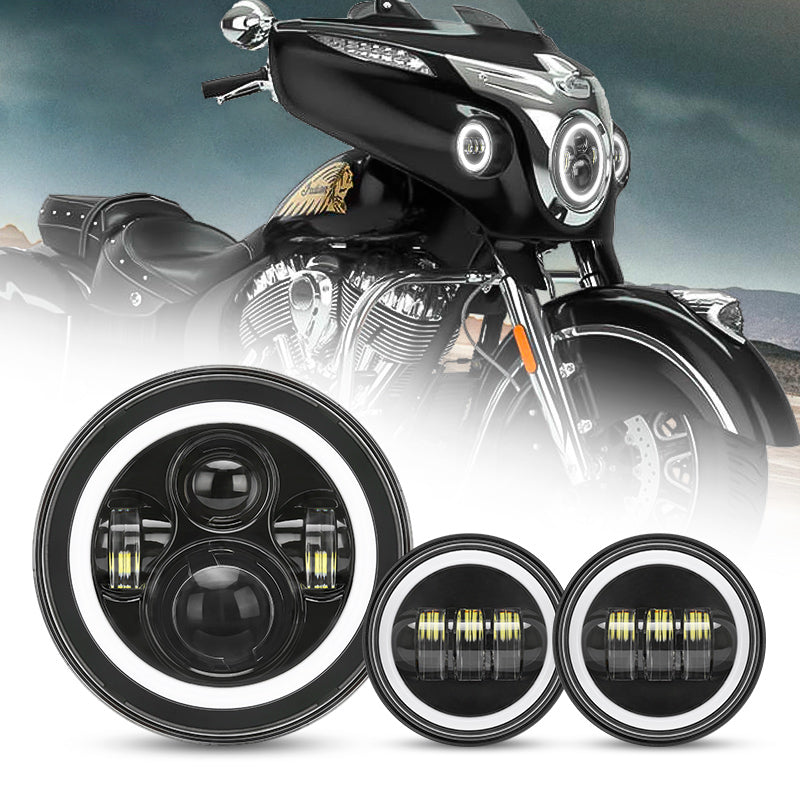 Indian Motorcycle 7 Inch LED Headlights with White Halo and Turn Signal Lights + 4.5 Inch LED Halo Fog Lights