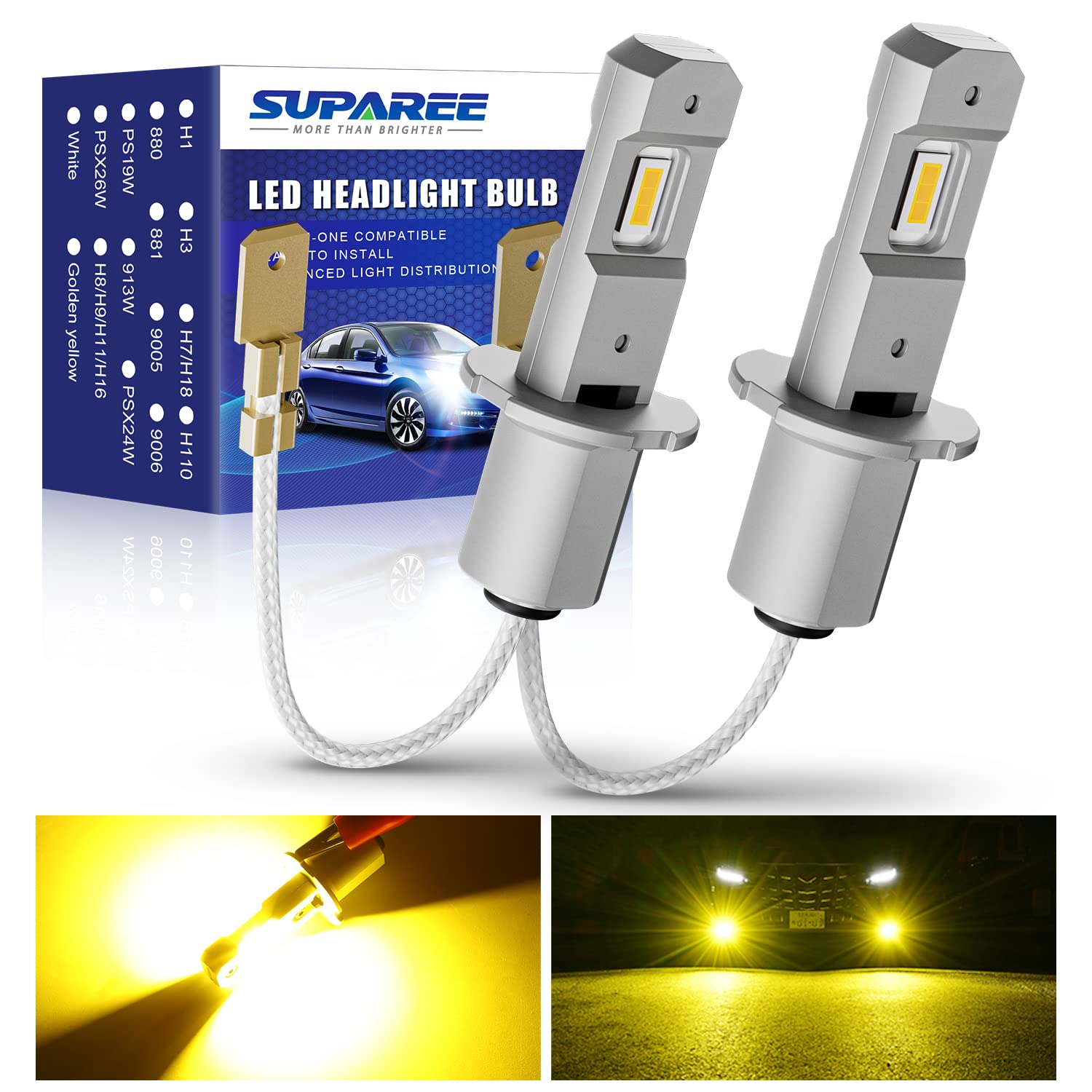SUPAREE H3 LED Fog Light Bulbs 3000K Yellow with Bright CSP Chips