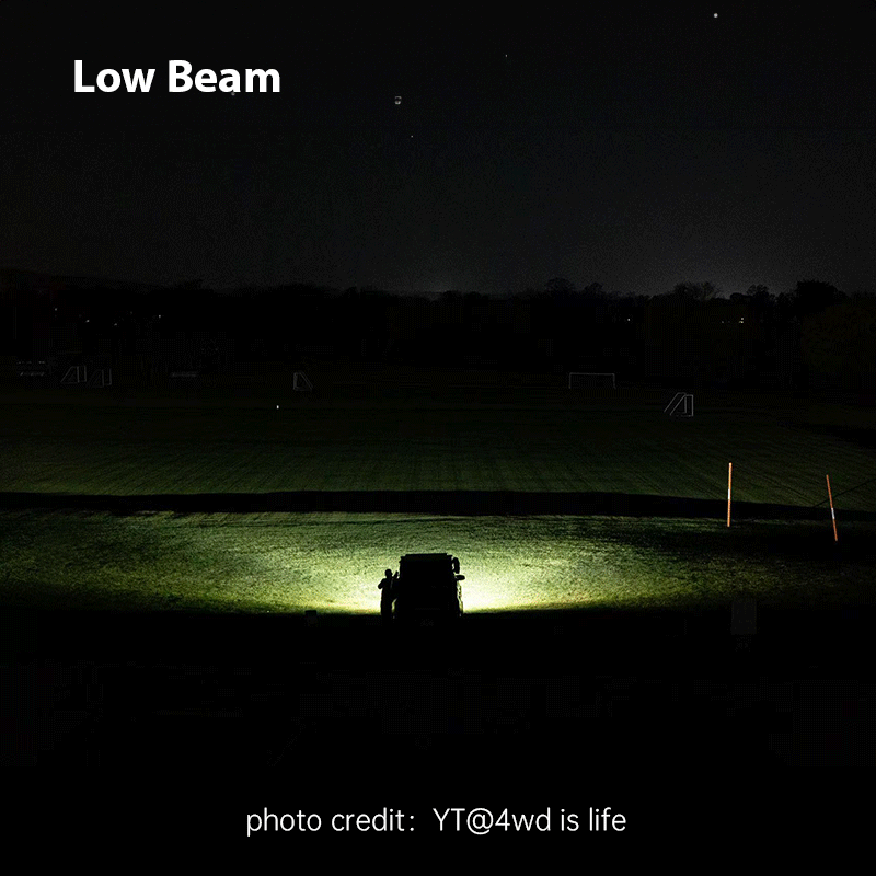 Animated comparison of SUPAREE HELM 7 LED driving lights illuminating a field in low and high beam modes.