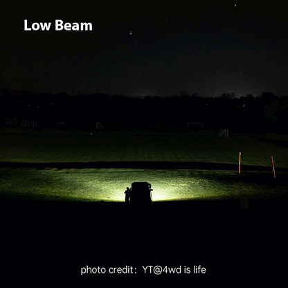 Animated comparison of SUPAREE HELM 7 LED driving lights illuminating a field in low and high beam modes.