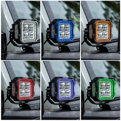 SUPAREE HYPER 5 LED pod light showing white, blue, amber, red, purple and green backlight colors.