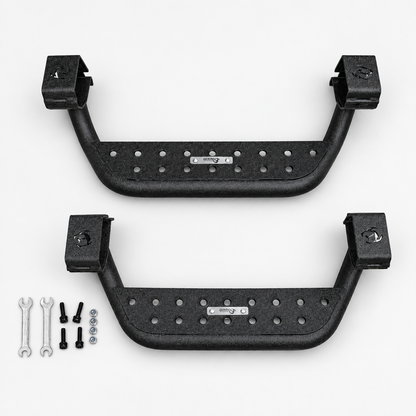 Two black side-step assemblies with four bolts, four nuts and two wrenches on a light background.