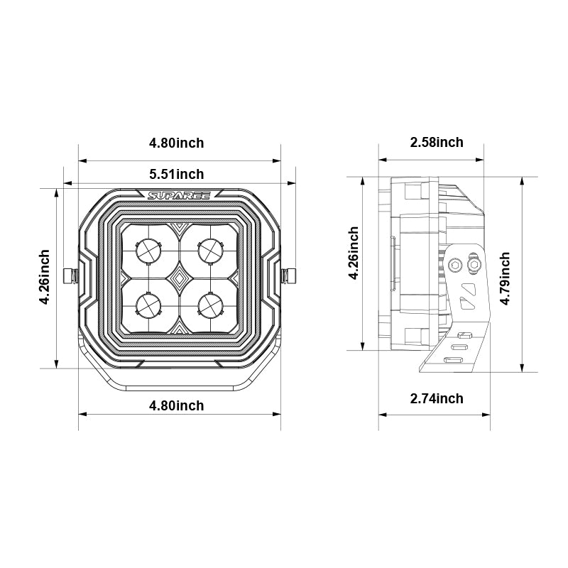 Front and side dimension diagram for the SUPAREE HYPER 5 5-inch LED pod light and mounting bracket.
