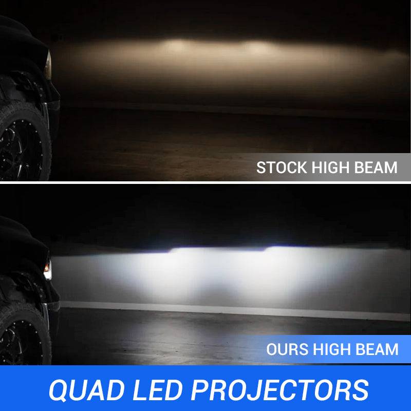 Full Quad LED Projector Headlights for 2014-2024 Toyota 4runner, high beam comparison