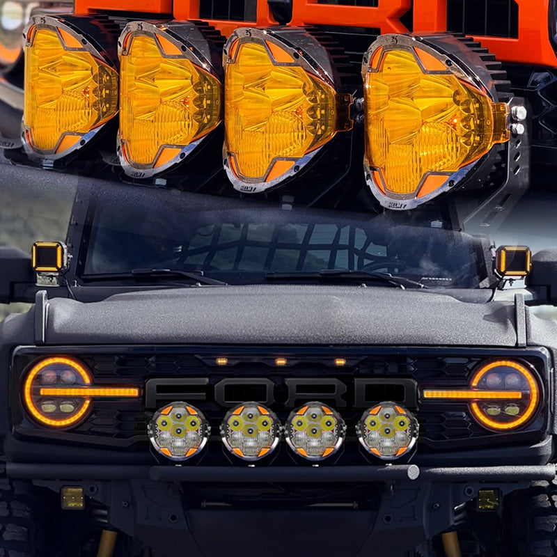 Four SUPAREE HELM 7-inch LED pod lights with amber covers, shown above a Ford Bronco with four bumper-mounted lights.