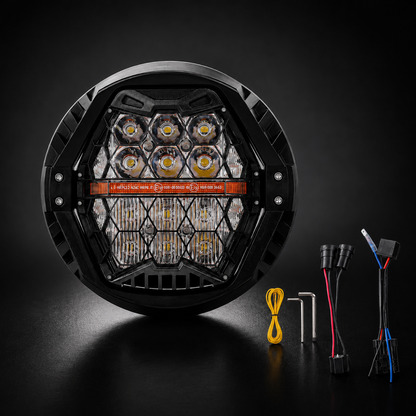 7-inch LED Black Powerful Harley Motorcycle Honeycomb Headlight | E-mark DOT