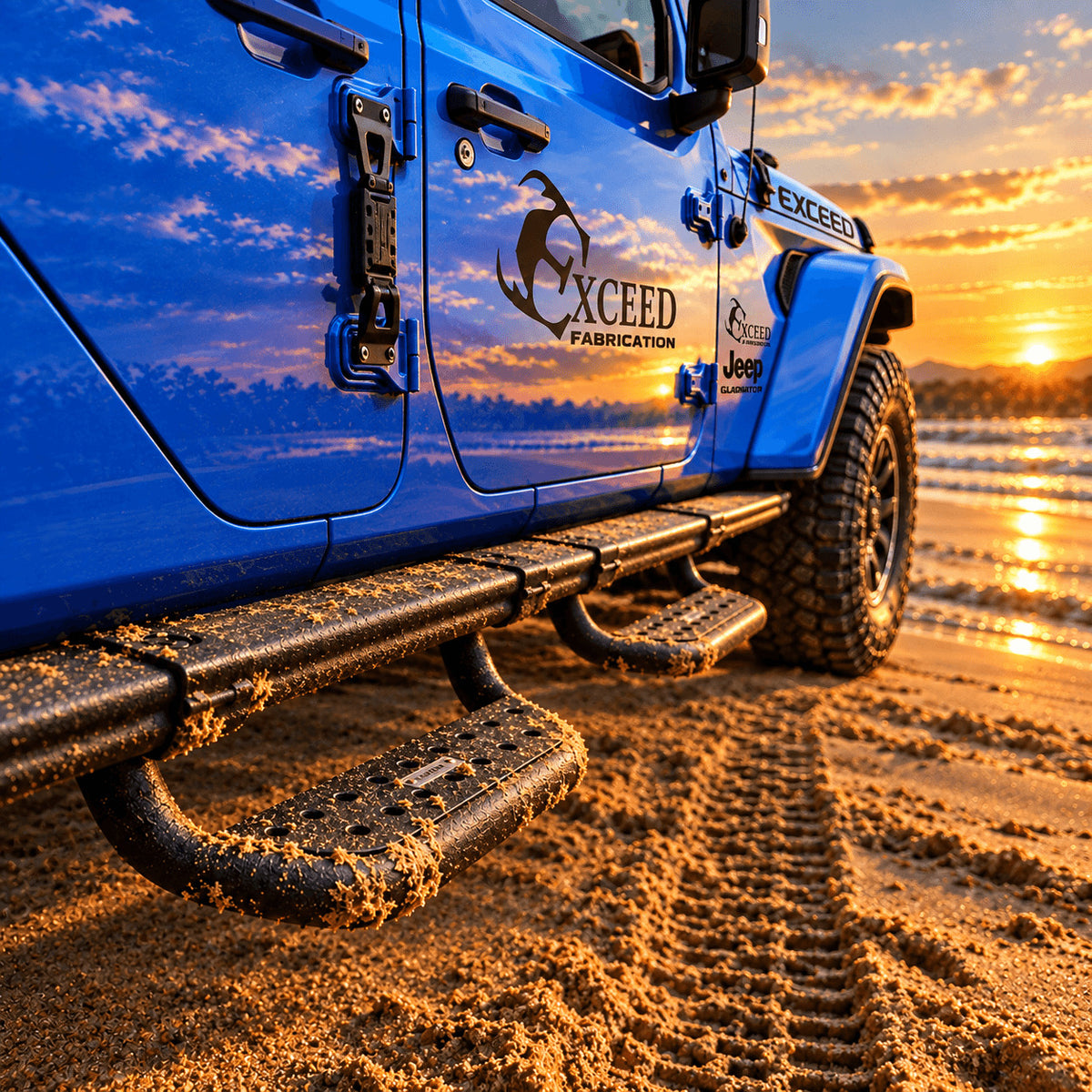 Blue Jeep Gladiator JT with side steps parked beside the water at sunset.