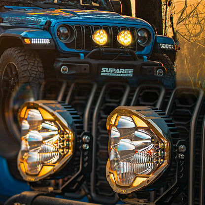 SUPAREE HELM 7 LED pod lights on a Jeep, with an amber beam view above a close-up of the amber DRLs.