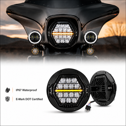 7-inch LED Black Powerful Harley Motorcycle Honeycomb Headlight | E-mark DOT