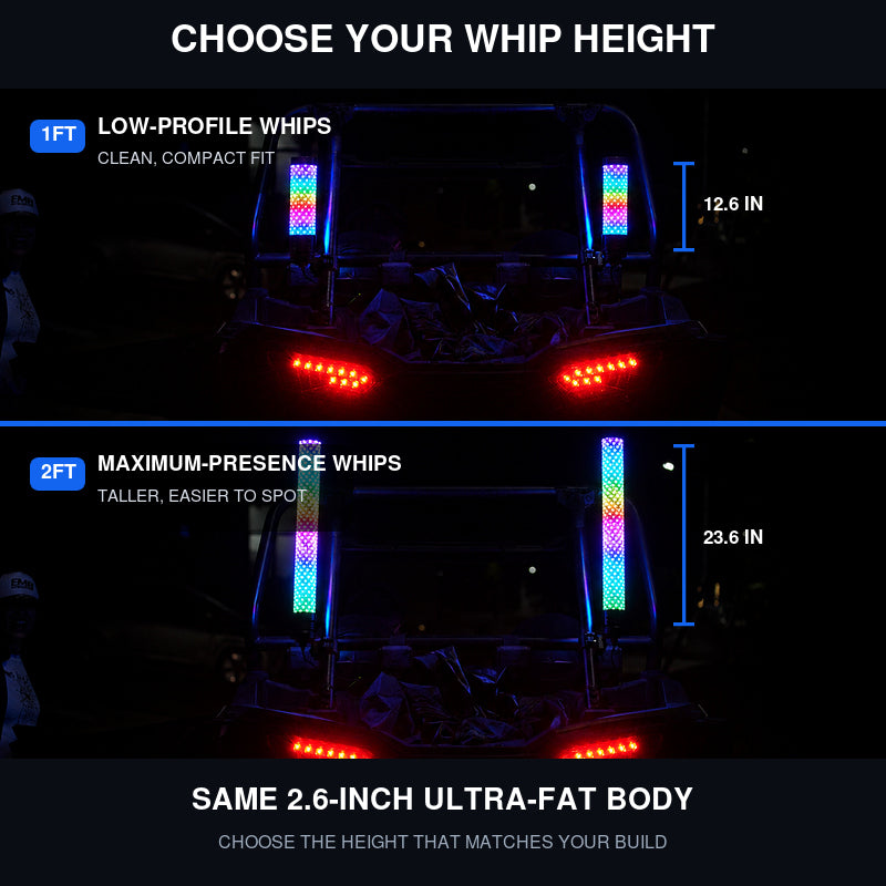 2PC RGB LED Fat Whip Lights with Turn Signals for UTV ATV | App & Remote Controlled