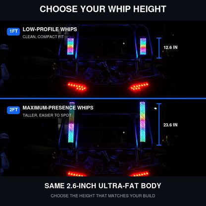 2PC RGB LED Fat Whip Lights with Turn Signals for UTV ATV | App & Remote Controlled
