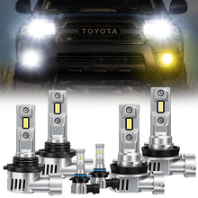 Toyota 4Runner 9005 LED headlight and fog light bulbs combo installed on vehicle, showcasing bright white and yellow beam for enhanced visibility.